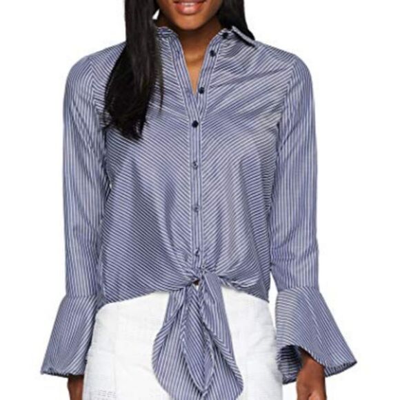 ECI Blue Pinstriped Long Sleeve Blouse Size 8 NWT - Picture 1 of 4